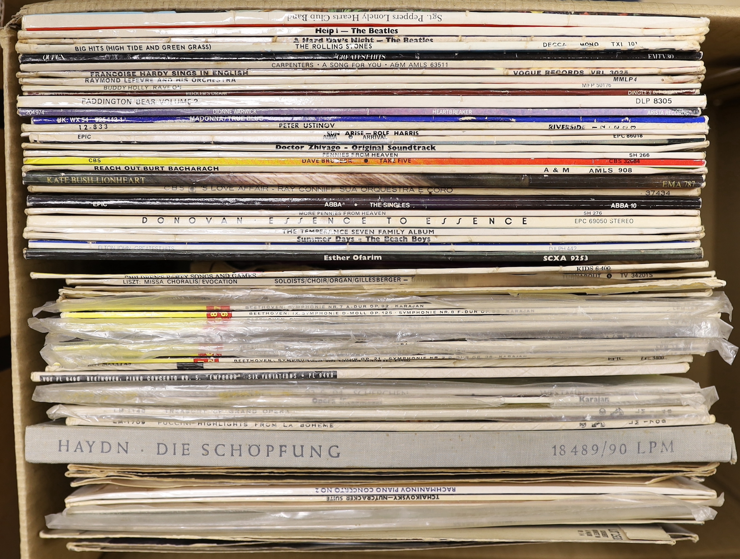 A collection of LPs including 1970's rock, classical recordings, box sets, etc, including; The Beatles, Queen, The Carpenters, Dionne Warwick, ABBA, Dave Brubeck, The Beach Boys, Haydn symphonies, Beethoven symphonies, o